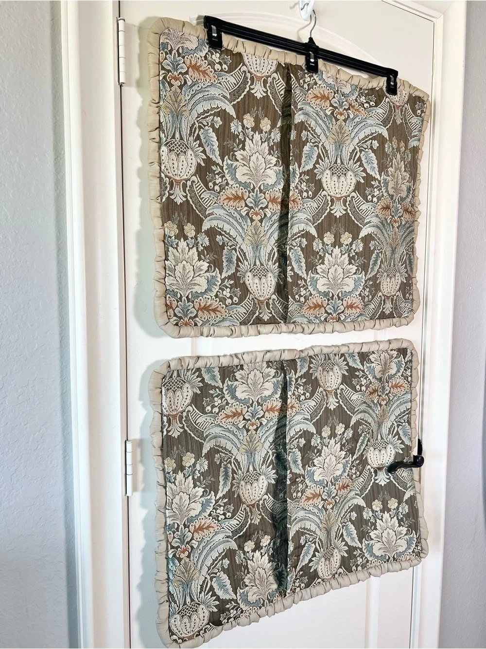 Vintage Jacquard Paisley Pillow Shams Set of 2 Ruffled Taupe Blue Cottagecore